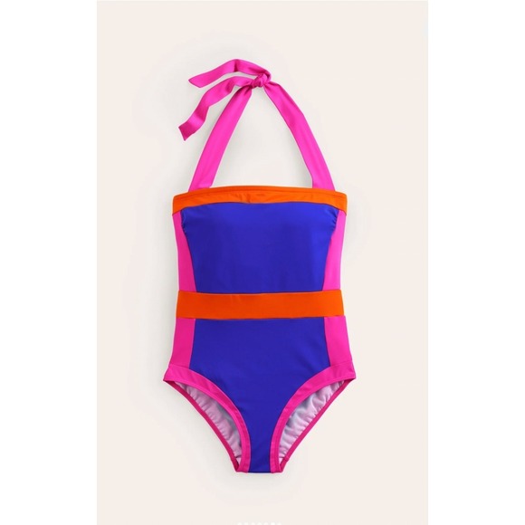 Boden Santorini Colorblock Halterneck One Piece Swimsuit Pink Blue Orange - Picture 4 of 8